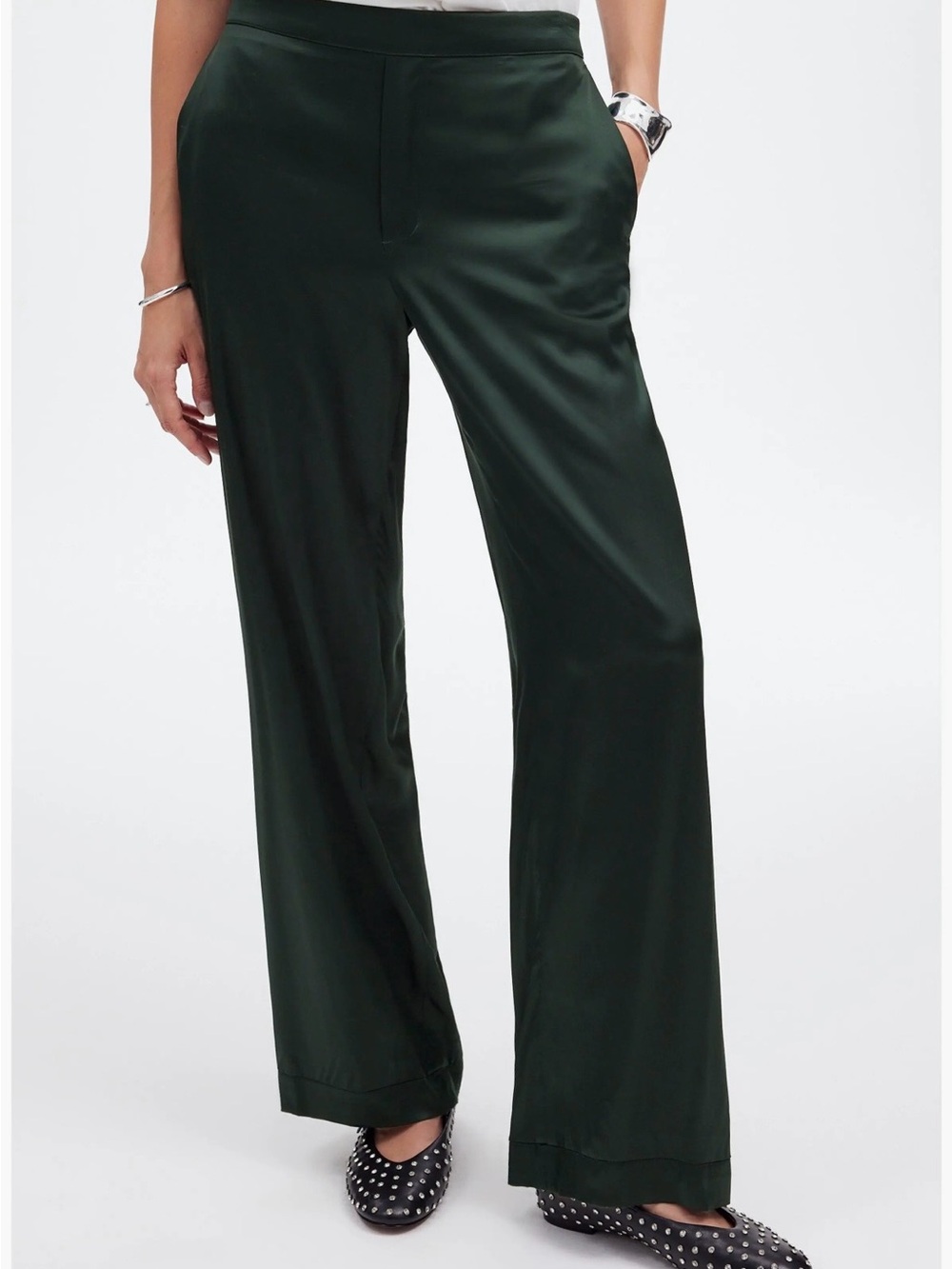 Wide-Leg Satin Pants in Deep Green